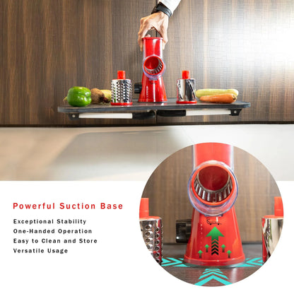 Manual Rotary Food Slicer & Grater with 3 Stainless Steel Drums – Suction Base Vegetable Shredder for Cheese, Potatoes & More (Black) - Mekamart Australia
