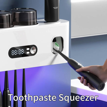 UV Toothbrush Holder with Disinfection & Toothpaste Dispenser – Wall-Mounted Bathroom Organizer with LED Display and 2 Cups - Mekamart Australia