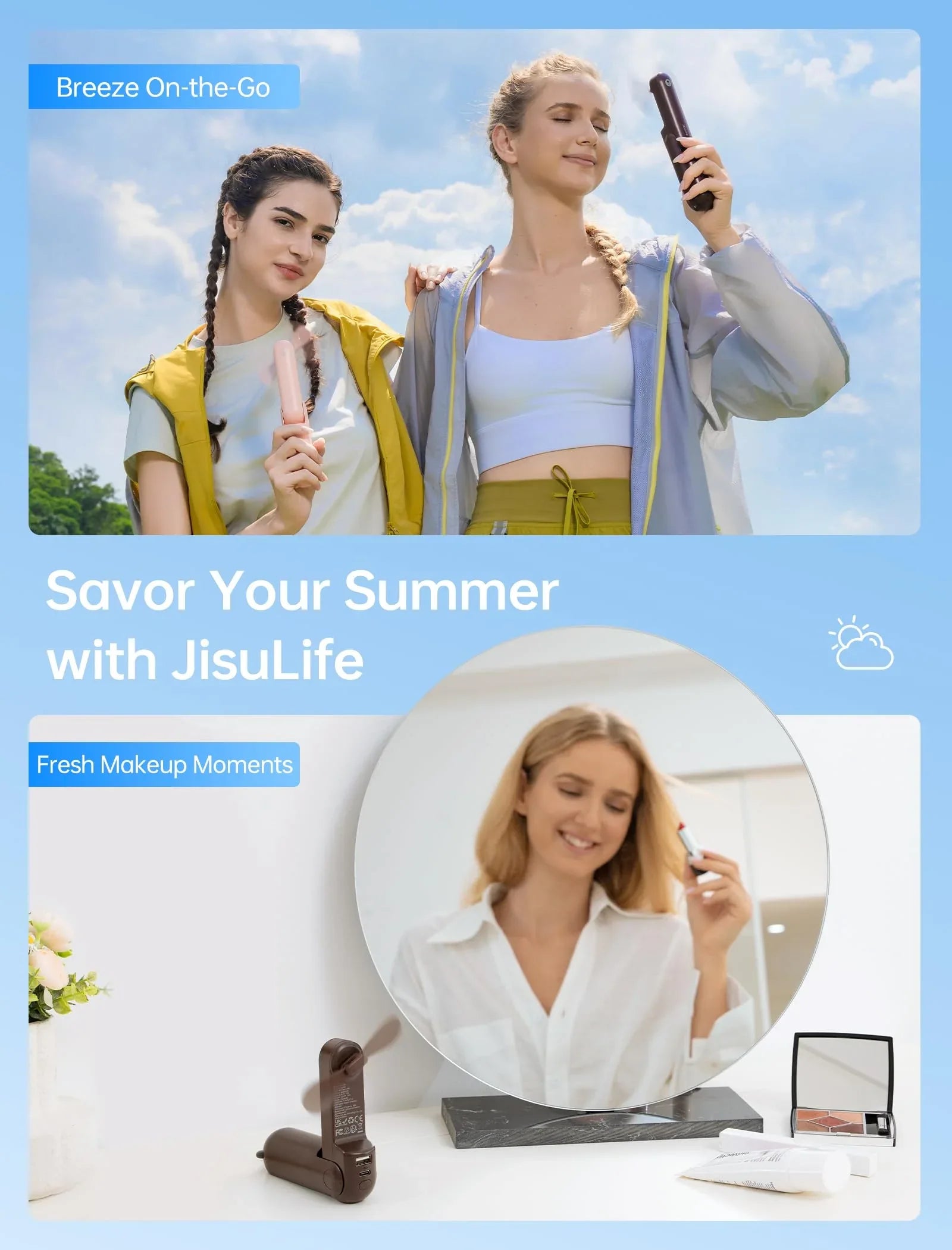 Handheld Mini Fan (Brown), 3-in-1 USB Rechargeable Portable Fan with Power Bank & Flashlight, Pocket Design for Travel & Summer - Mekamart Australia