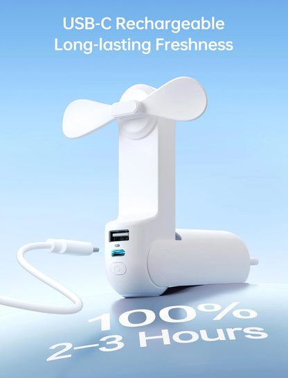Handheld Mini Fan (White), 3-in-1 USB Rechargeable Portable Fan with Power Bank & Flashlight, Pocket Design for Travel & Summer - Mekamart Australia