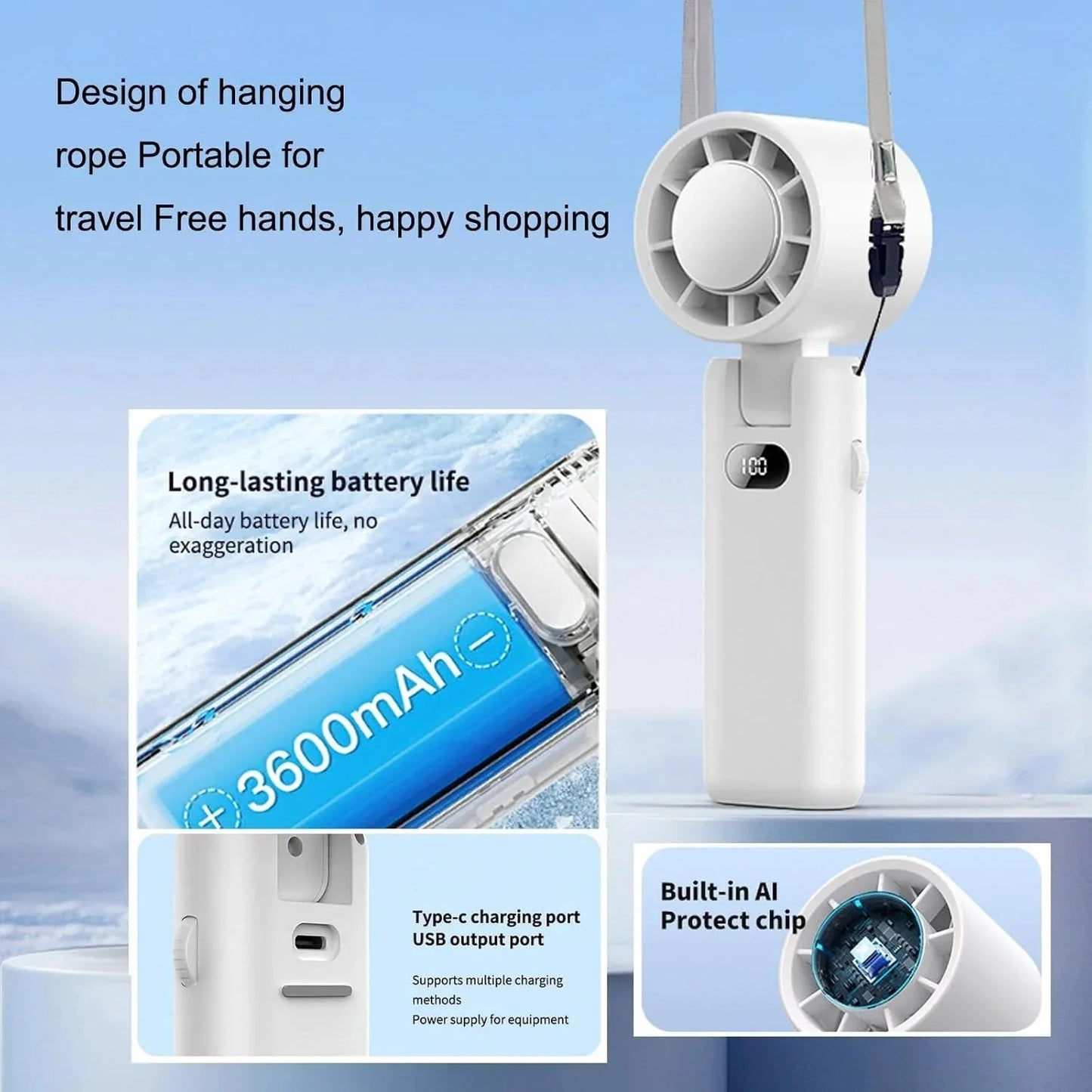 Portable Handheld Turbo Fan with Cooling Tech, Digital Display, 100-Speed Control, Rechargeable 4-in-1 Personal Fan for Travel, Outdoor, Office (White) - Mekamart Australia
