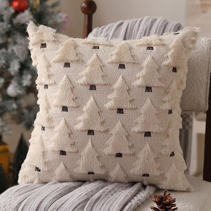 Christmas Pillow Covers 18x18 inch Set of 2 Black Christmas Decorations Soft Plush Faux Fur Wool Xmas Tree Throw Pillow Cases Winter Holiday Decor for Sofa Living Room - Mekamart Australia