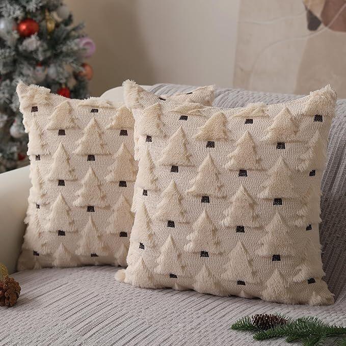 Christmas Pillow Covers 18x18 inch Set of 2 Black Christmas Decorations Soft Plush Faux Fur Wool Xmas Tree Throw Pillow Cases Winter Holiday Decor for Sofa Living Room - Mekamart Australia