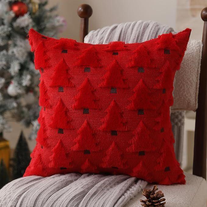Christmas Pillow Covers 18x18 inch Set of 2 Black Christmas Decorations Soft Plush Faux Fur Wool Xmas Tree Throw Pillow Cases Winter Holiday Decor for Sofa Living Room - Mekamart Australia