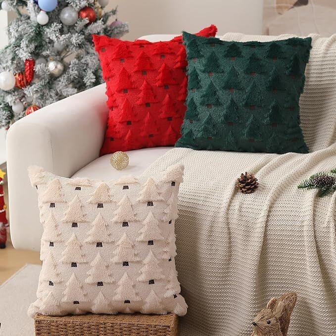 Christmas Pillow Covers 18x18 inch Set of 2 Black Christmas Decorations Soft Plush Faux Fur Wool Xmas Tree Throw Pillow Cases Winter Holiday Decor for Sofa Living Room - Mekamart Australia