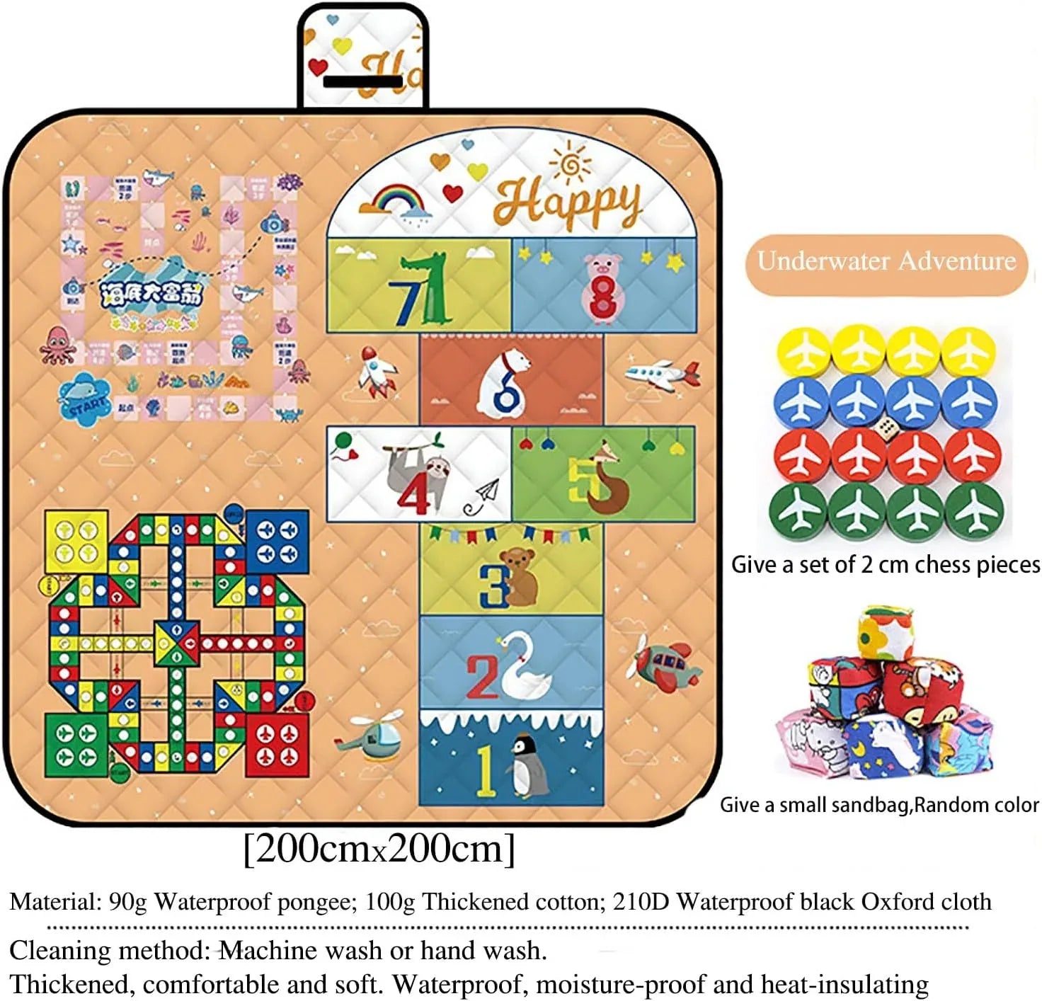 Waterproof Picnic Blanket with Flying Chess Game: 80''x80'' Extra Large, Foldable for Australian Camping, Beach & Family Gatherings - Mekamart Australia