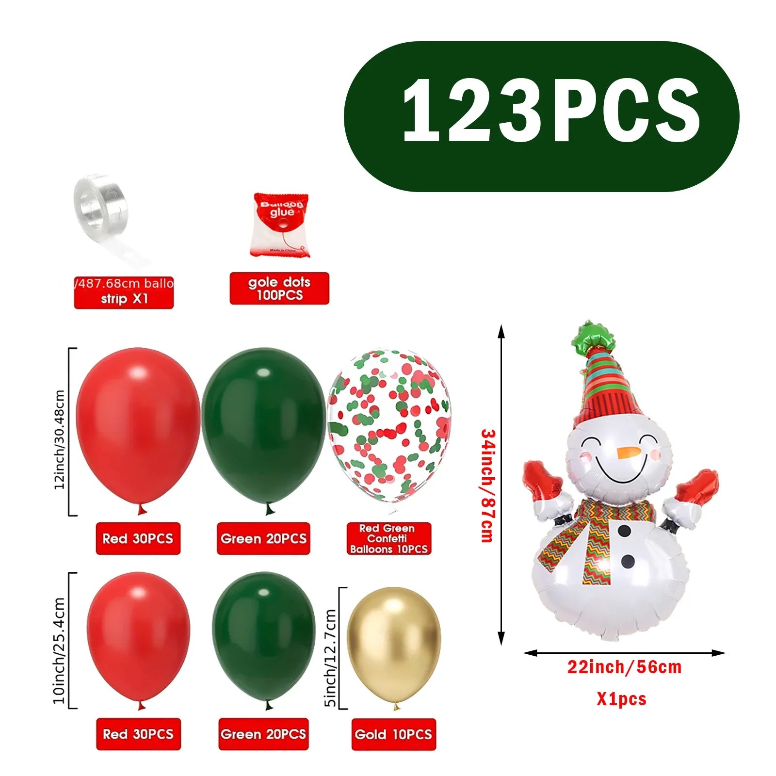 Christmas Balloon Arch Kit 123PCS - Red Green Gold Xmas Balloons with Snowman Foil - Mekamart Australia