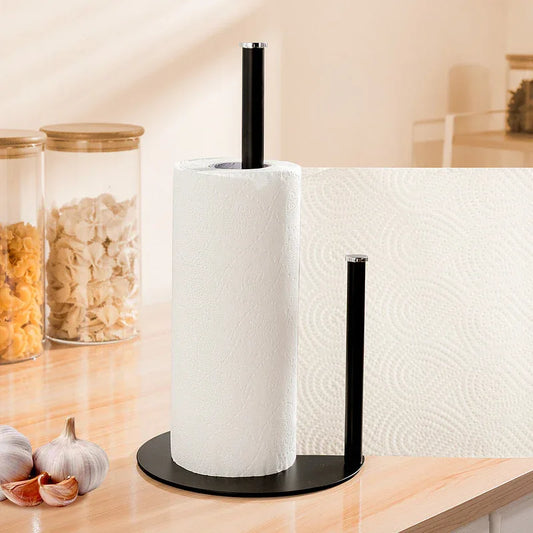 Iron Double Pole Paper Towel Holder for Kitchen Countertop Cling Film Storage Rack-Black - Mekamart Australia