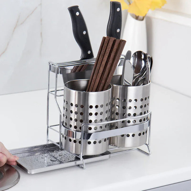 Stainless Steel Kitchen Tableware Storage Rack, With Knife Rack,Spoon And Chopstick Rack-Silver - Mekamart Australia