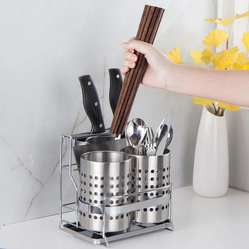 Stainless Steel Kitchen Tableware Storage Rack, With Knife Rack,Spoon And Chopstick Rack-Silver - Mekamart Australia