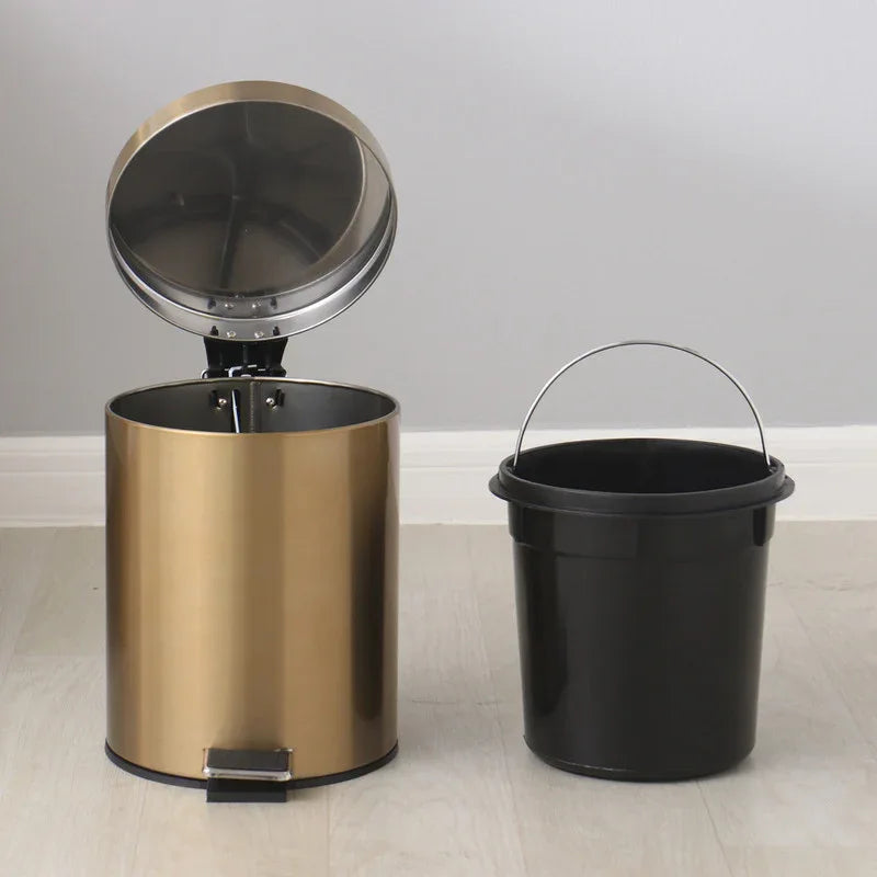 5L Stainless Steel Round Trash Can With Lid And Foot Pedal for Household Kitchen Hotel-Champagne Gold - Mekamart Australia