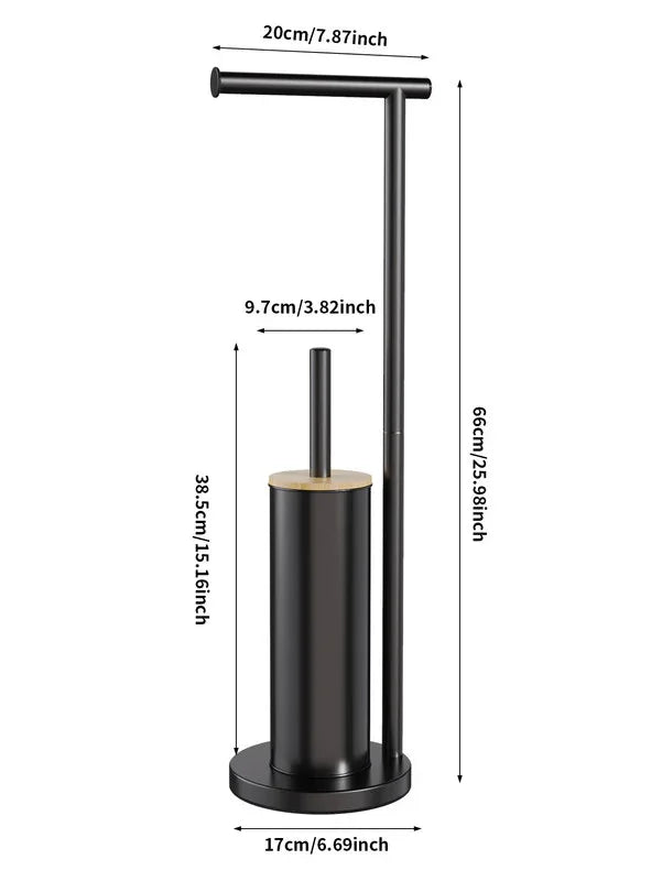 2-in-1 Iron Floor Standing Roll Paper Holder and Bamboo Lid Toilet Brush For Bathroom and Toilet-Black - Mekamart Australia