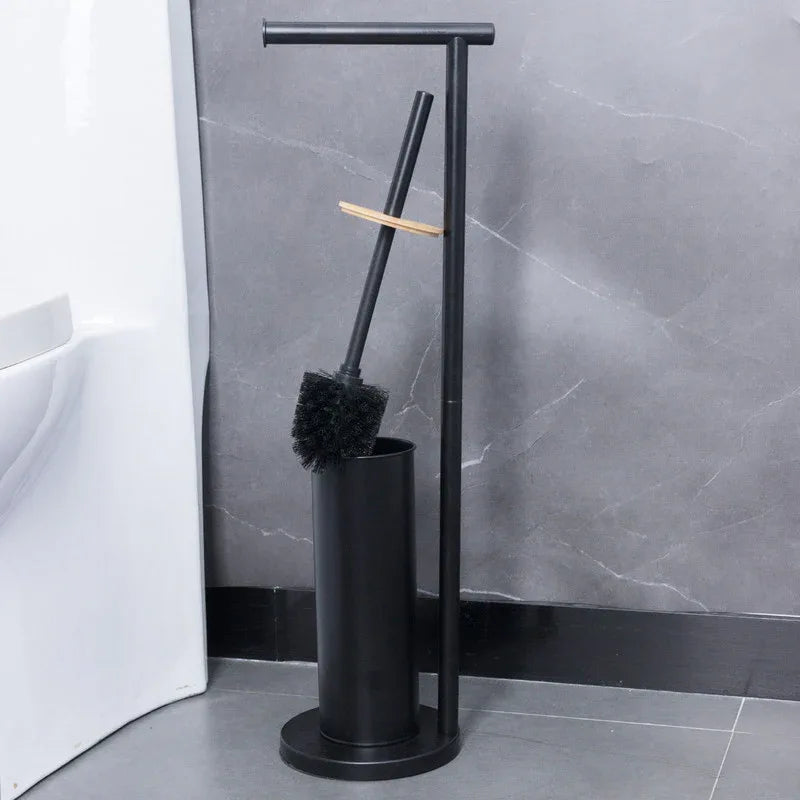 2-in-1 Iron Floor Standing Roll Paper Holder and Bamboo Lid Toilet Brush For Bathroom and Toilet-Black - Mekamart Australia