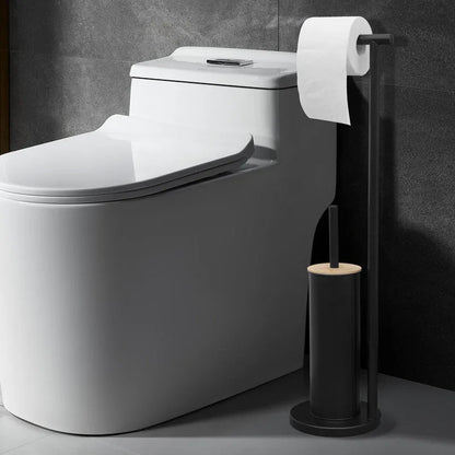 2-in-1 Iron Floor Standing Roll Paper Holder and Bamboo Lid Toilet Brush For Bathroom and Toilet-Black - Mekamart Australia