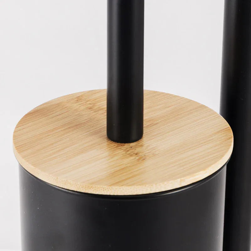 2-in-1 Iron Floor Standing Roll Paper Holder and Bamboo Lid Toilet Brush For Bathroom and Toilet-Black - Mekamart Australia