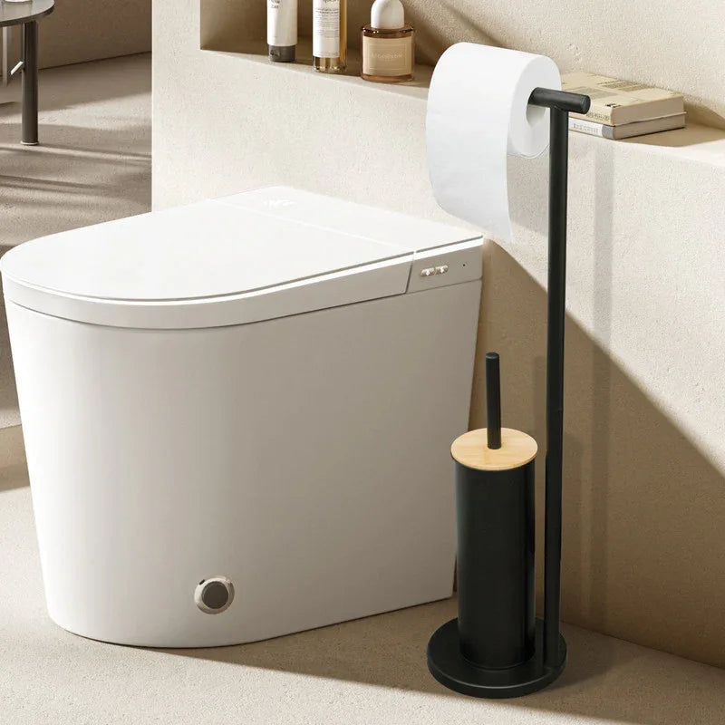 2-in-1 Iron Floor Standing Roll Paper Holder and Bamboo Lid Toilet Brush For Bathroom and Toilet-Black - Mekamart Australia