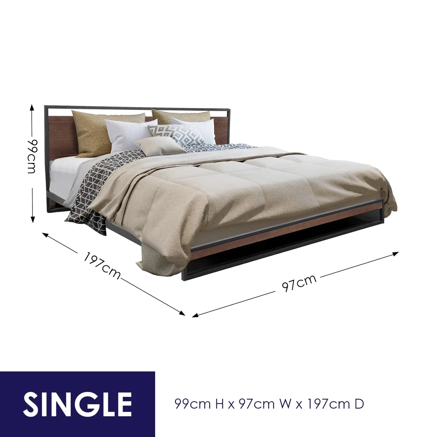 Milano Decor Azure Bed Frame With Headboard Black Wood Steel Platform Bed - Single - Black - Mekamart Australia