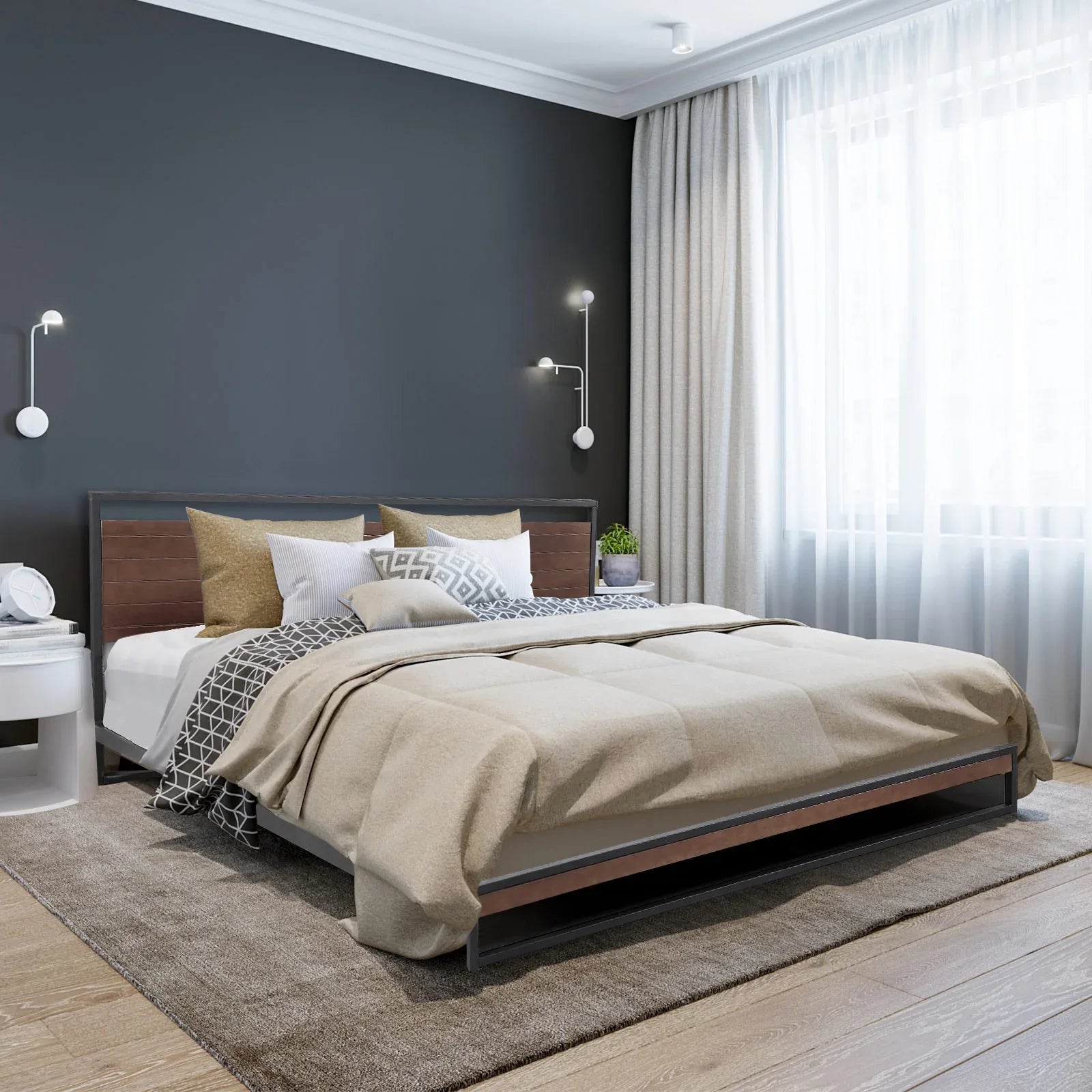 Milano Decor Azure Bed Frame With Headboard Black Wood Steel Platform Bed - Single - Black - Mekamart Australia