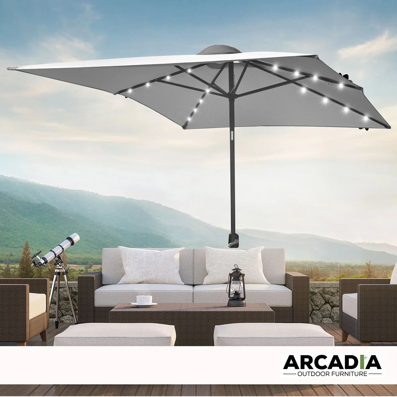 Arcadia Furniture Umbrella 3 Metre Umbrella with Solar LED Lights Garden Yard - Grey - Mekamart Australia