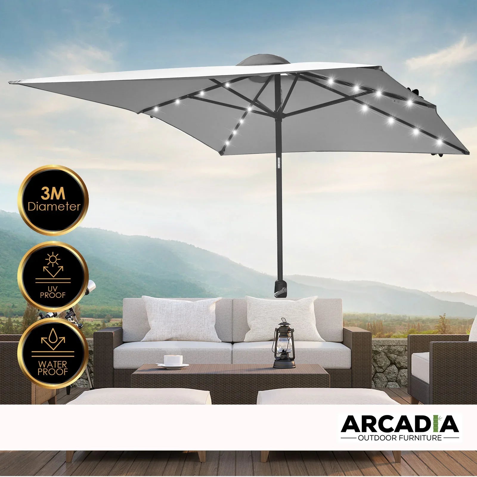 Arcadia Furniture Umbrella 3 Metre Umbrella with Solar LED Lights Garden Yard - Grey - Mekamart Australia