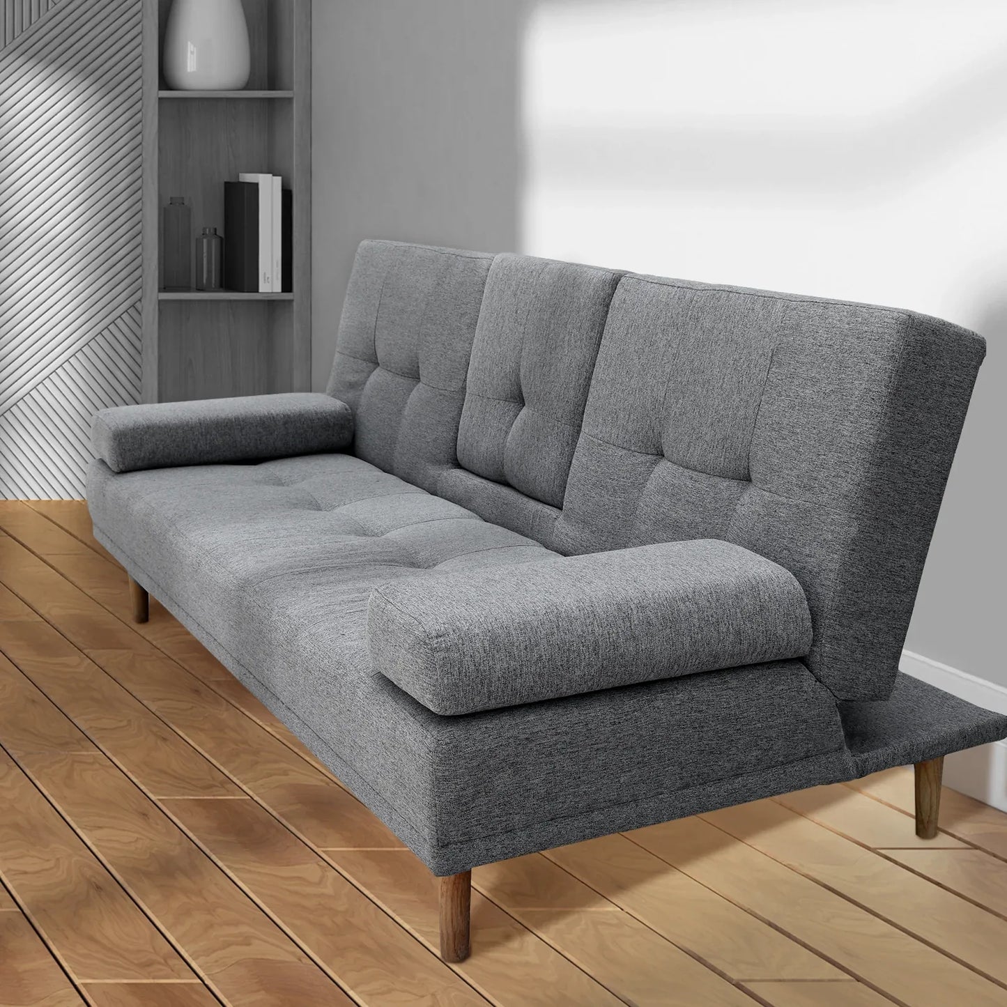 Casa Decor Mendoza 2 in 1 Sofa Bed Couch Grey Pull Down Cupholder 3 Seats Futon - Mekamart Australia