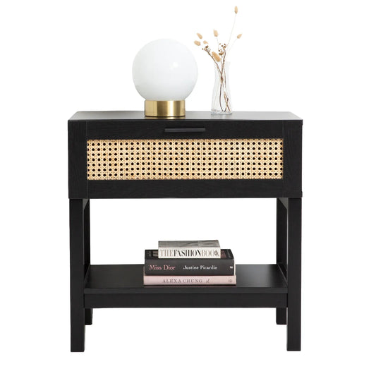 Casa Decor Tulum Rattan Bedside Table Drawers Table Nightstand Cabinet Black - Mekamart Australia