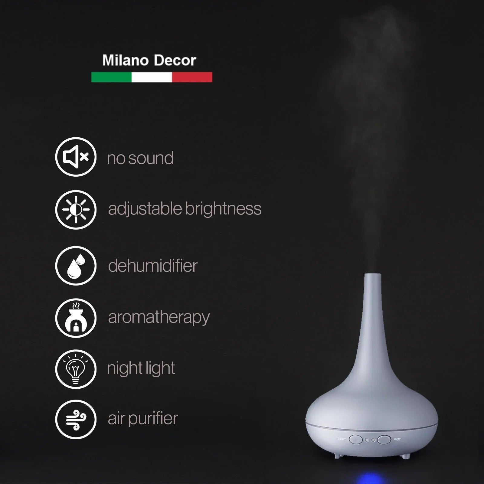 Essential Oil Diffuser Ultrasonic Humidifier Aromatherapy LED Light 200ML 3 Oils - Matte Grey - Mekamart Australia