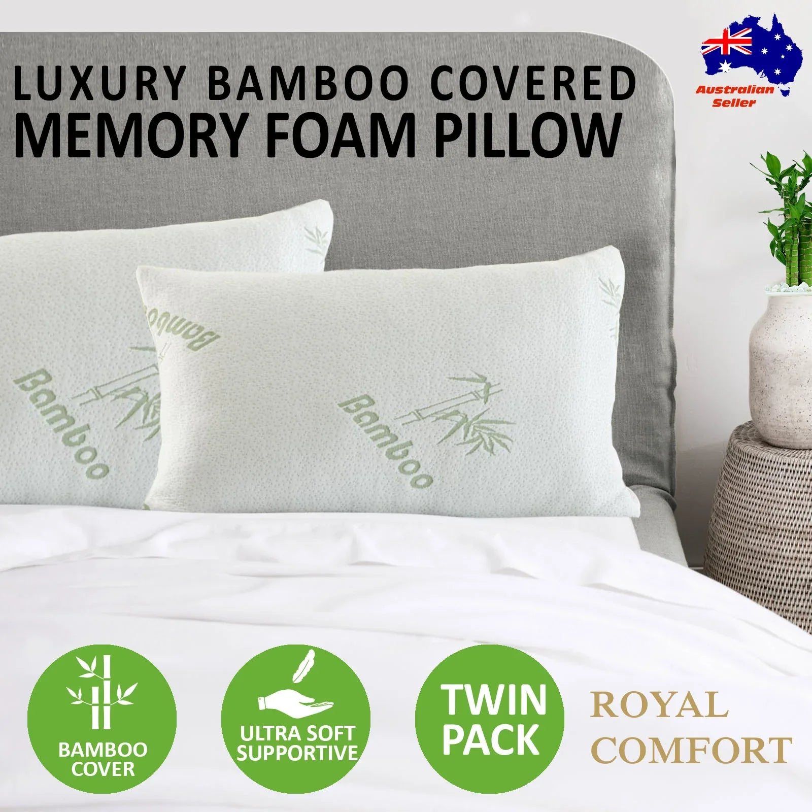 Royal Comfort Luxury Bamboo Covered Memory Foam Pillow Twin Pack Hypoallergenic - Mekamart Australia