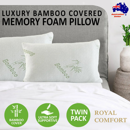 Royal Comfort Luxury Bamboo Covered Memory Foam Pillow Twin Pack Hypoallergenic - Mekamart Australia