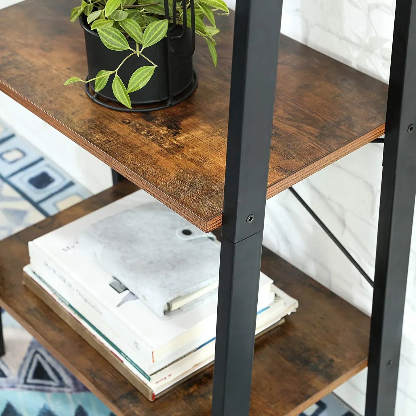 Rustic brown and black steel Metal Frame 4 Tier bookshelf - Mekamart Australia