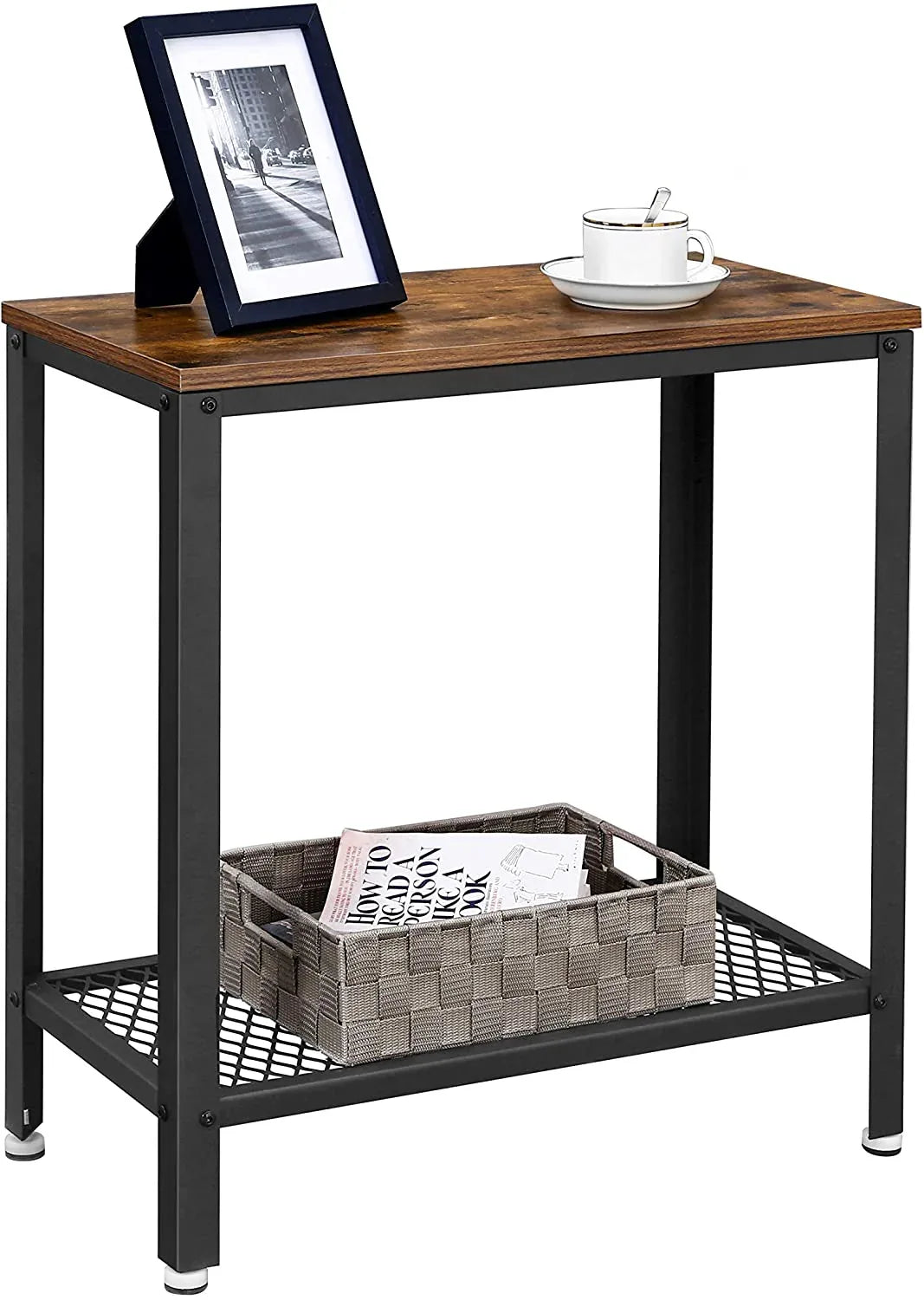 Industrial Side Table 2-Tier With Mesh and Metal Frame Rustic Brown - Mekamart Australia