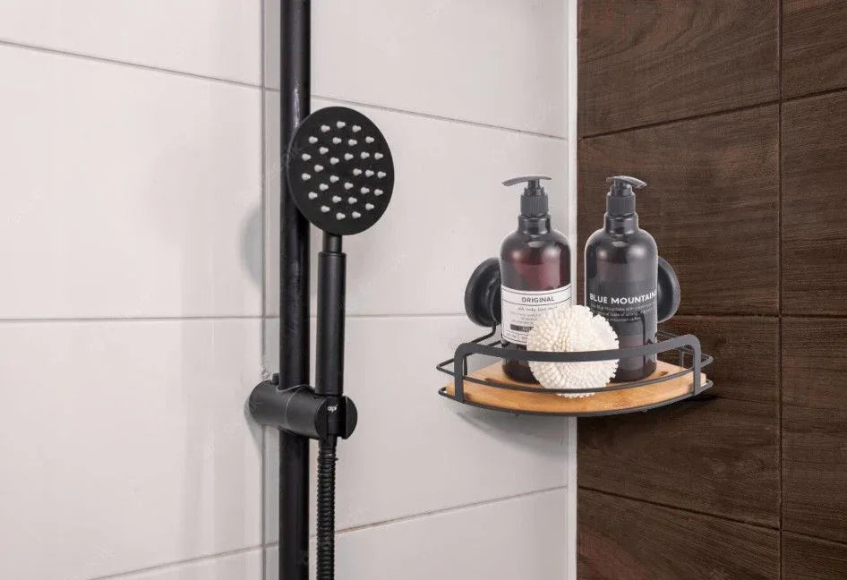 2 Pack Round Bamboo Corner Shower Caddy Shelf Basket Rack with Premium Vacuum Suction Cup No-Drilling for Bathroom and Kitchen - Mekamart Australia