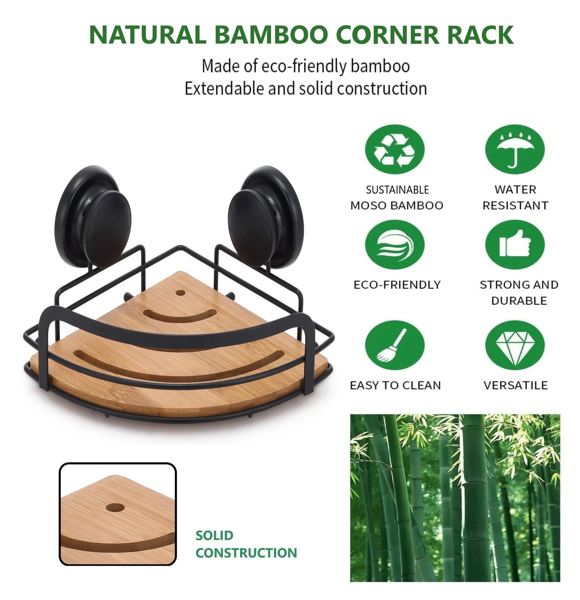2 Pack Round Bamboo Corner Shower Caddy Shelf Basket Rack with Premium Vacuum Suction Cup No-Drilling for Bathroom and Kitchen - Mekamart Australia