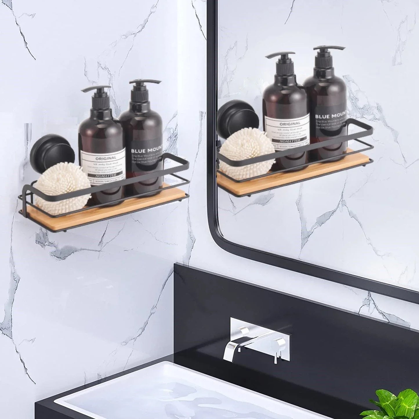 2 Pack Rectangular Bamboo Corner Shower Caddy Shelf Basket Rack with Premium Vacuum Suction Cup No-Drilling for Bathroom and Kitchen - Mekamart Australia