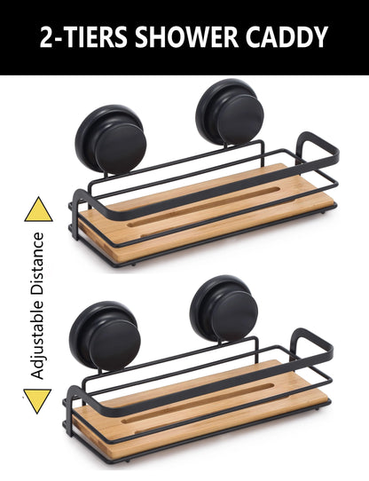 2 Pack Rectangular Bamboo Corner Shower Caddy Shelf Basket Rack with Premium Vacuum Suction Cup No-Drilling for Bathroom and Kitchen - Mekamart Australia