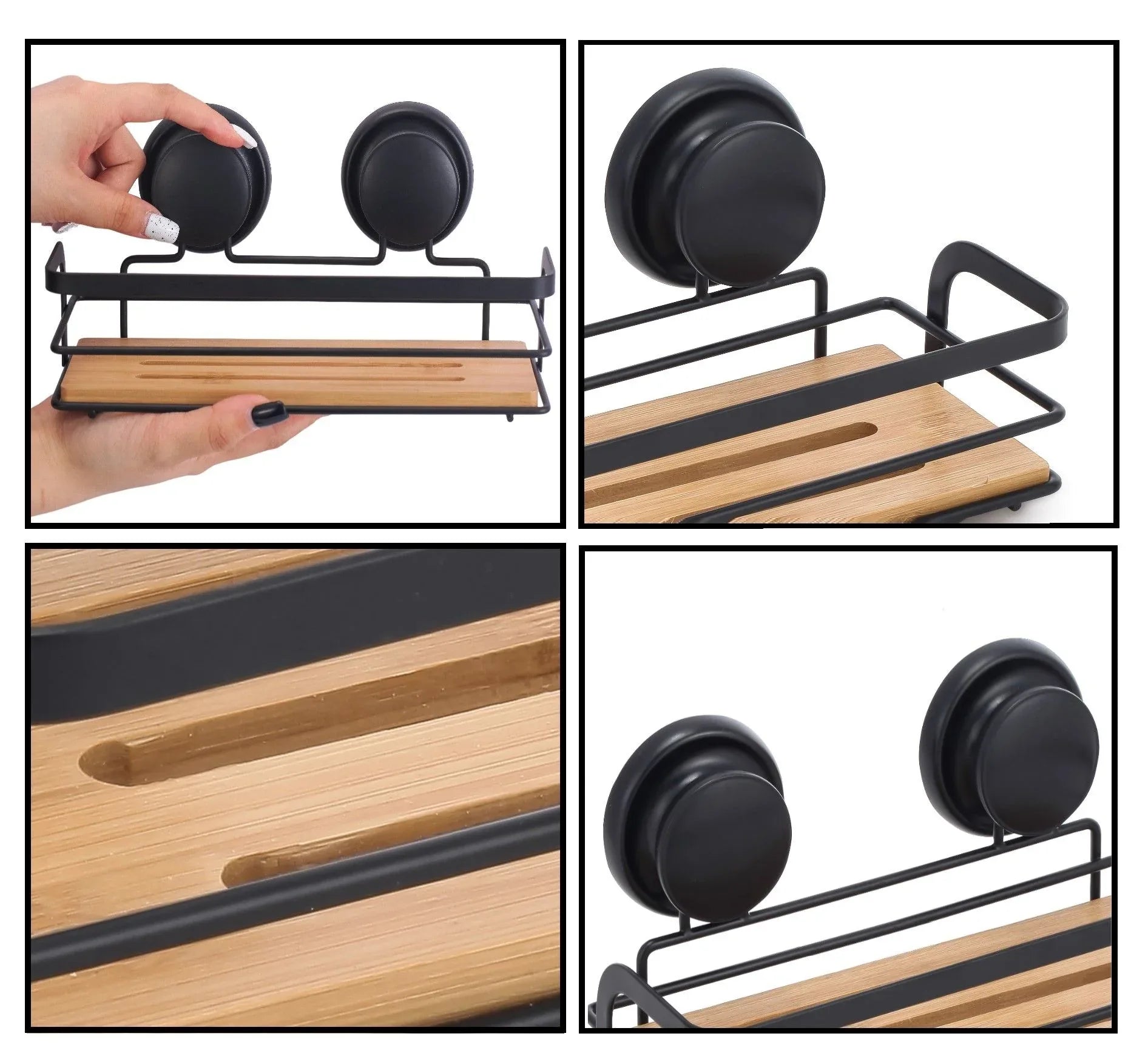 2 Pack Rectangular Bamboo Corner Shower Caddy Shelf Basket Rack with Premium Vacuum Suction Cup No-Drilling for Bathroom and Kitchen - Mekamart Australia