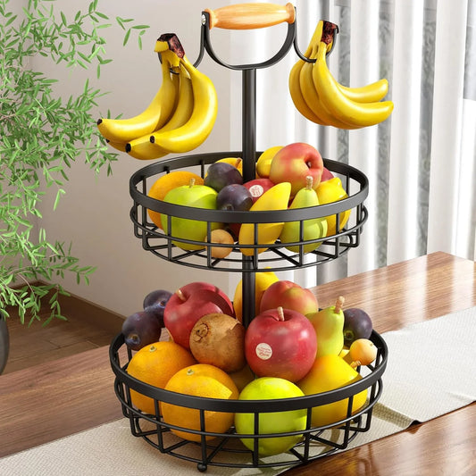 2-Tier Fruit Basket Bowl Storage with Wood Lift Handle and Dual Banana Tree Hanger for Kitchen Countertop - Mekamart Australia