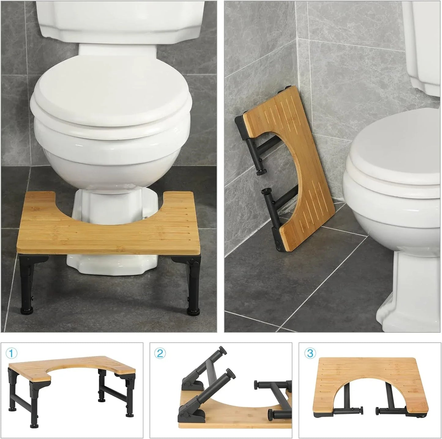 Bamboo Toilet Stool Foldable and Adjustable Height with Non-Slip Layer for Bathroom - Mekamart Australia