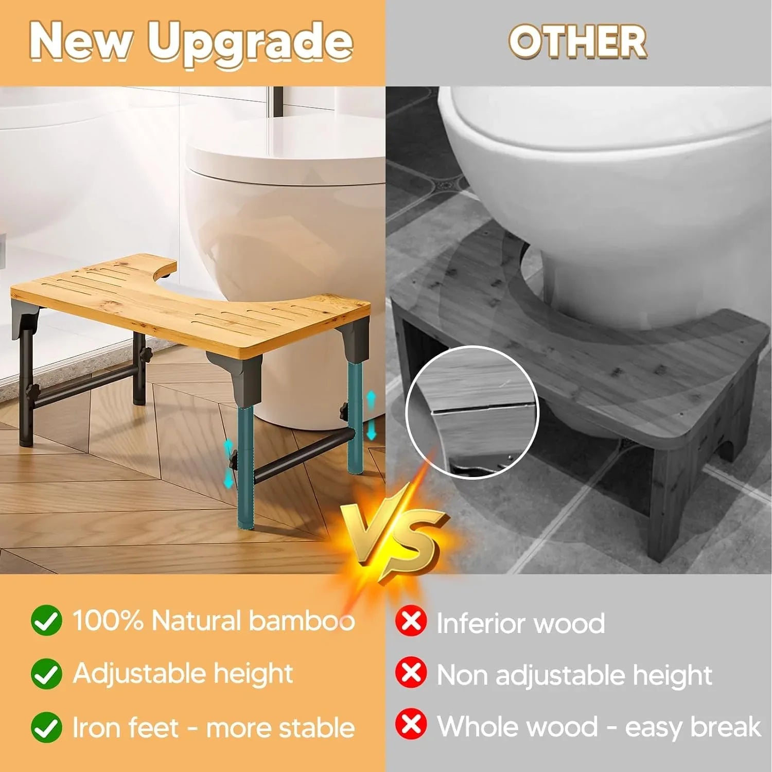 Bamboo Toilet Stool Foldable and Adjustable Height with Non-Slip Layer for Bathroom - Mekamart Australia