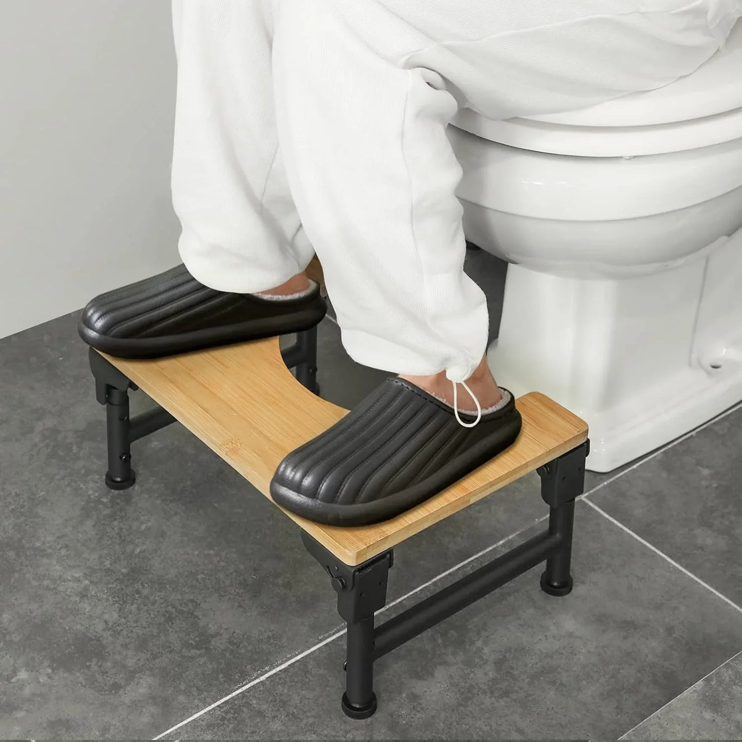 Bamboo Toilet Stool Foldable and Adjustable Height with Non-Slip Layer for Bathroom - Mekamart Australia
