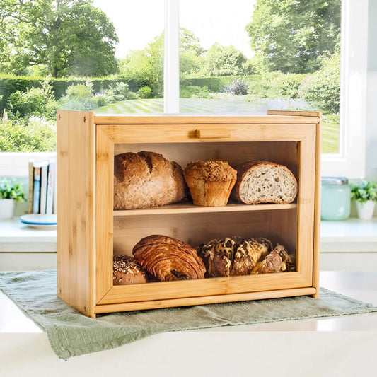 Double Layer Bamboo Bread Box for Kitchen Counter with Large Capacity and Transparent Window - Mekamart Australia