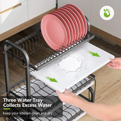 Dish Drying Rack 3 Tier Large Capacity Kitchen Storage with Utensil and Cutting Board Holder - Mekamart Australia