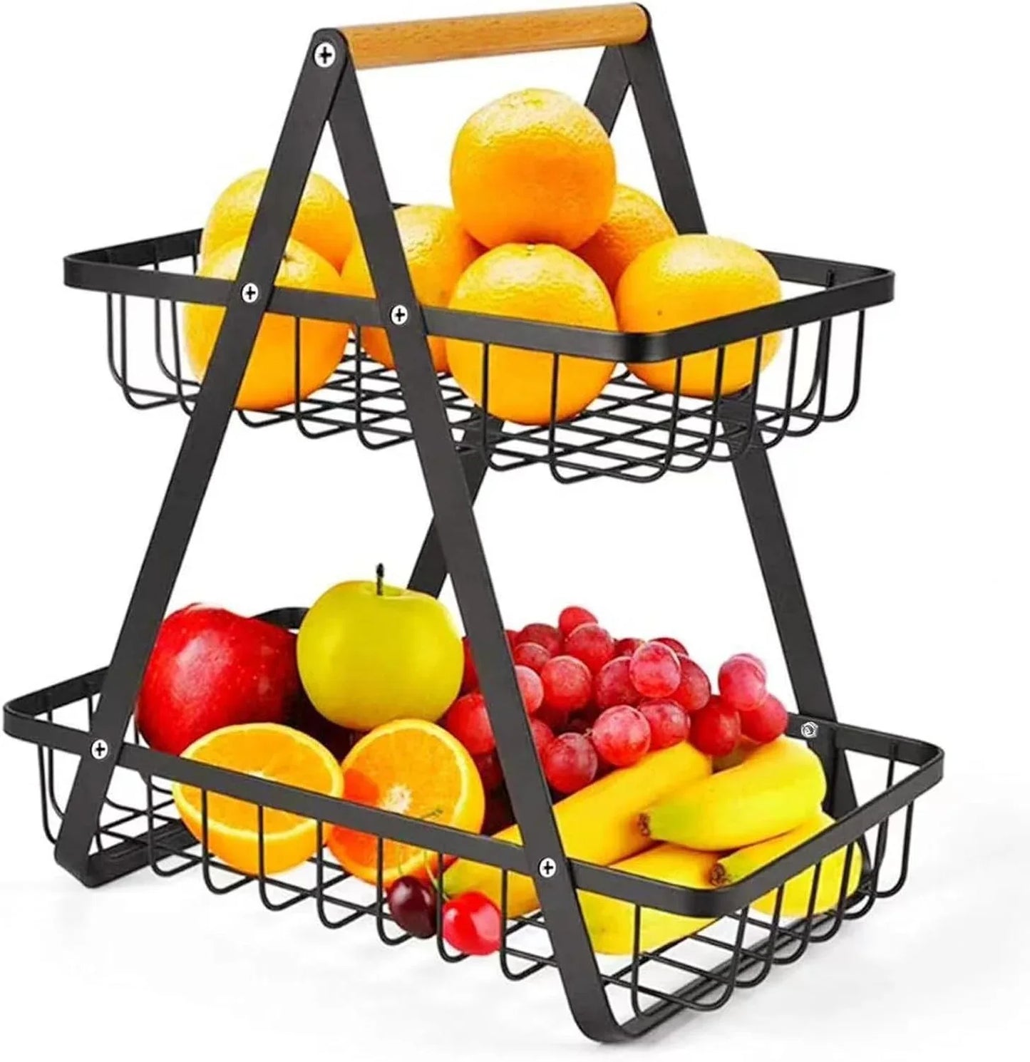 CARLA HOME 2-Tier Fruit Basket Stand for Kitchen Countertop for Fruits, Vegetables, Bread & Snacks with Wooden Handle - Mekamart Australia