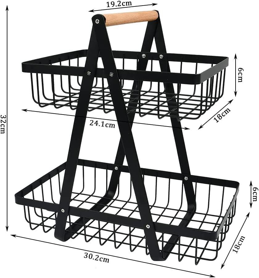 CARLA HOME 2-Tier Fruit Basket Stand for Kitchen Countertop for Fruits, Vegetables, Bread & Snacks with Wooden Handle - Mekamart Australia