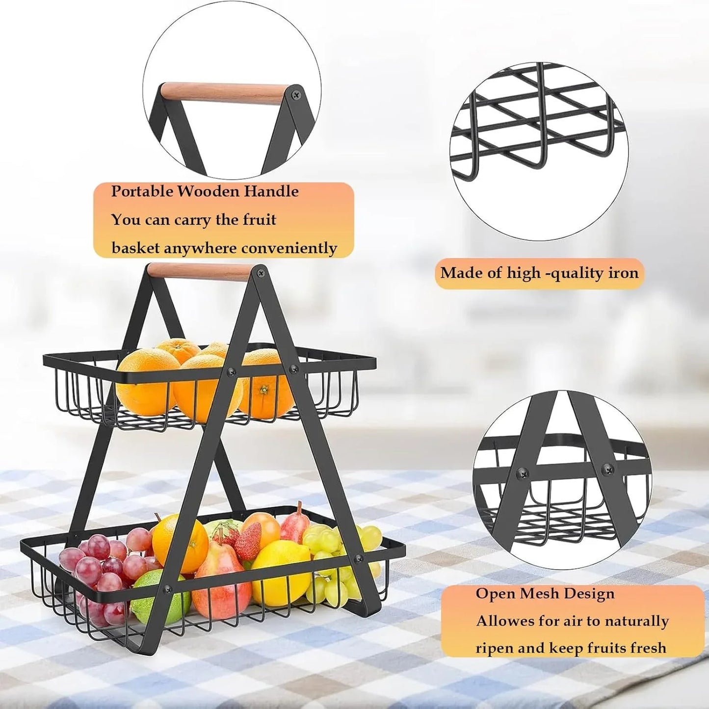 CARLA HOME 2-Tier Fruit Basket Stand for Kitchen Countertop for Fruits, Vegetables, Bread & Snacks with Wooden Handle - Mekamart Australia
