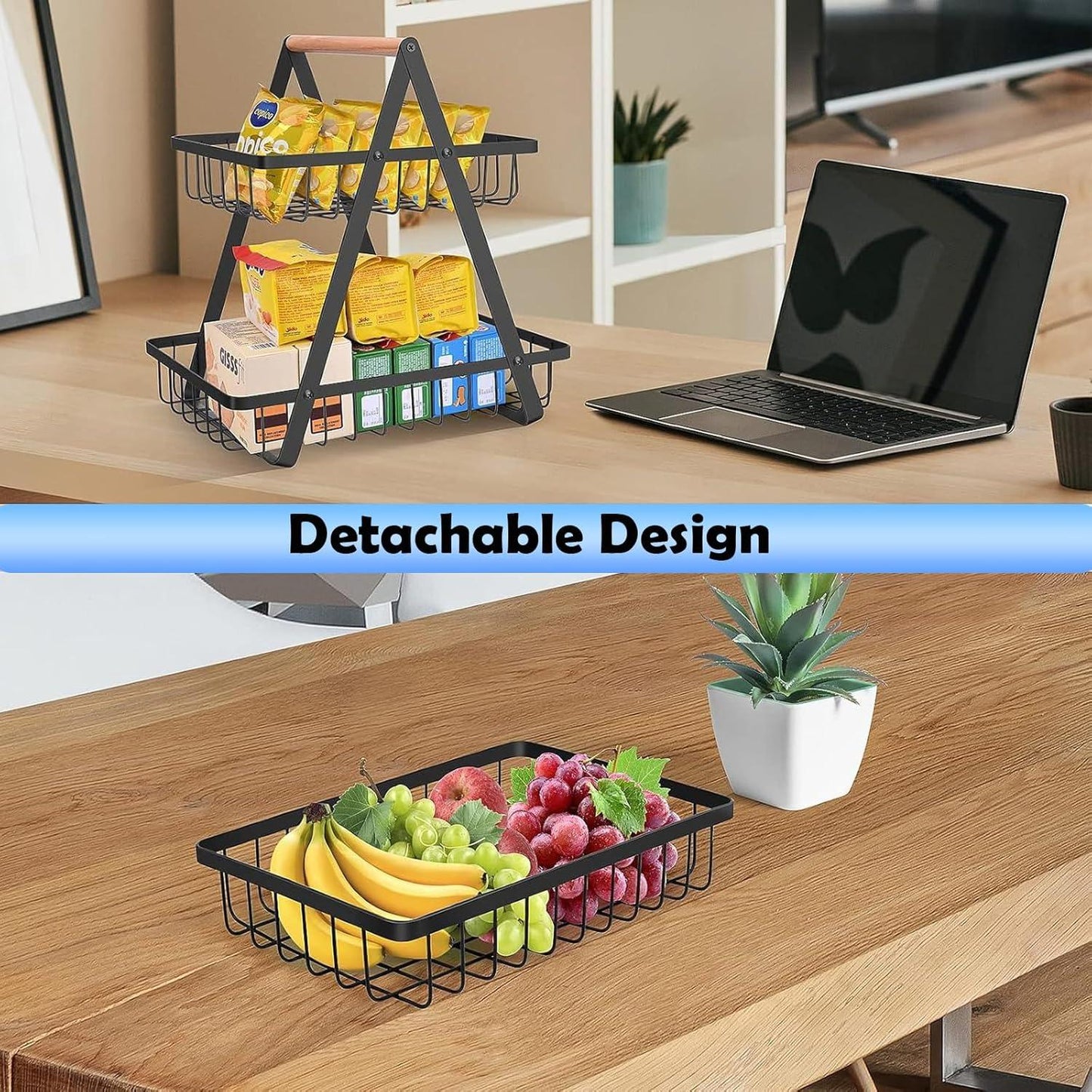 CARLA HOME 2-Tier Fruit Basket Stand for Kitchen Countertop for Fruits, Vegetables, Bread & Snacks with Wooden Handle - Mekamart Australia