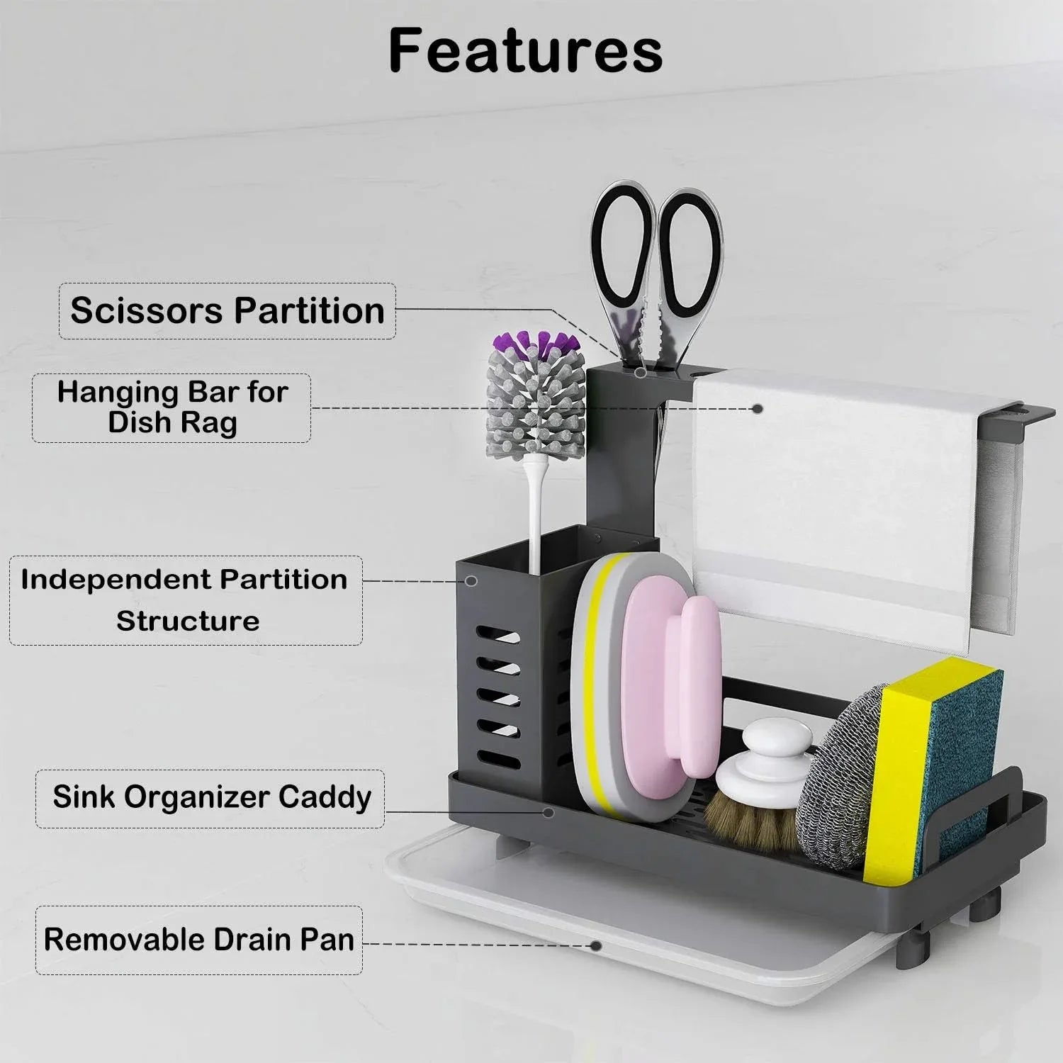 CARLA HOME Kitchen Sink Caddy Organizer with Sponge, Soap & Brush Storage and Rag Rack, Drain Tray & Utensil Holder - Mekamart Australia