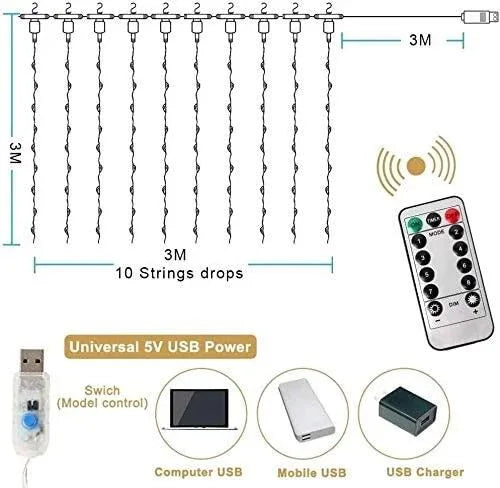 300 LEDs Window Curtain Fairy Lights 8 Modes and Remote Control for Bedroom (Multicolor, 300 x 300cm) - Mekamart Australia