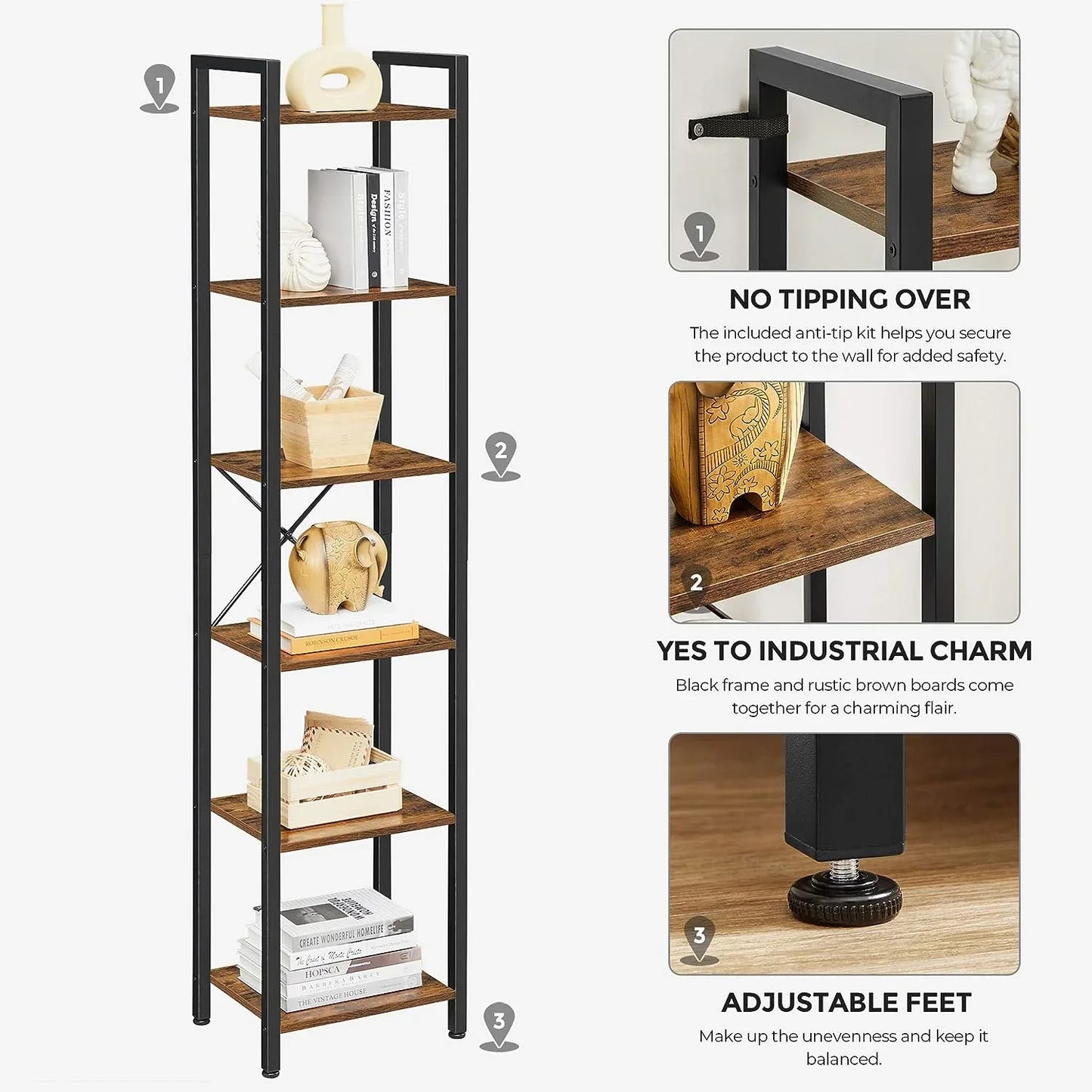 Small 6-Tier Industrial Bookshelf, Rustic Brown, Black - Mekamart Australia