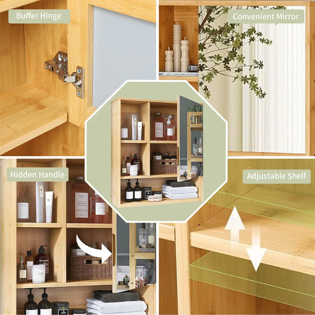 Bamboo Wall Medicine Cabinet Mirror 55.5cm 5 Shelf - Mekamart Australia